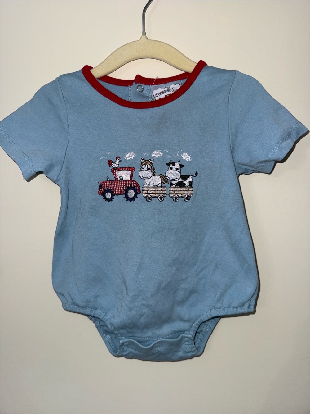 Blue Baby One-Piece with Farm Train Embroidery